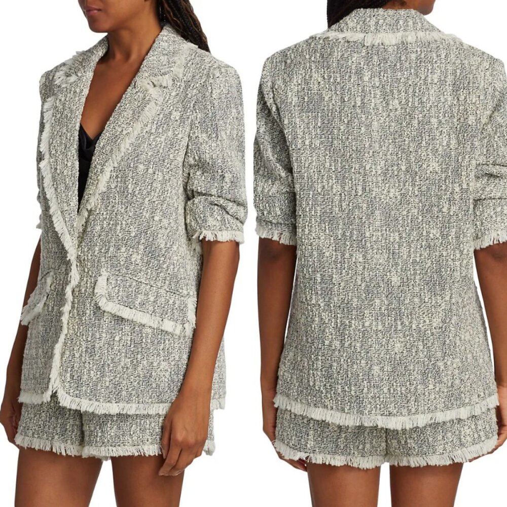 NWT Cinq à Sept Erin Fringed Boucle Tweed Blazer Jacket Black/Ivory Size 8 $425 - Picture 4 of 17